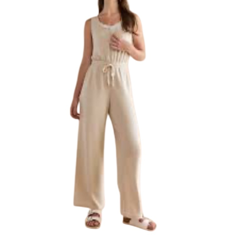 Francesca's Collections Beige Sleeveless Drawstring Jumpsuit